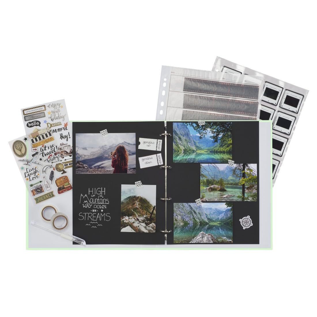Hama Classeur à négatifs (4 anneaux, niveau de remplissage 39 mm, feuilles rectangulaires, album à négatifs d'une pellicule photo) Vert pale