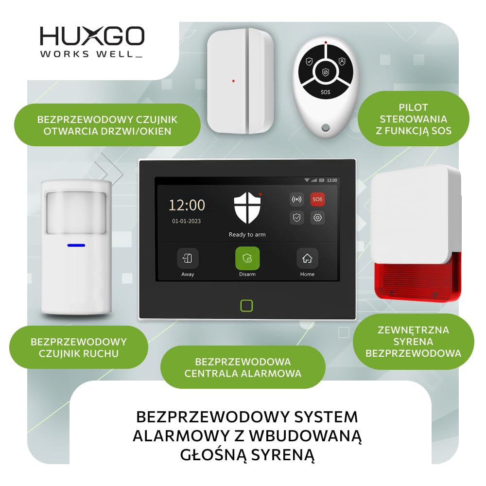 Zestaw alarmowy bezprzewodowy WiFi + GSM 4G z syreną zewnętrzną | System alarmowy do domu, 5000 mAh bateria, 1x czujnik ruchu, 1x czujnik okna/drzwi | Sterowanie telefonem, model HXA700