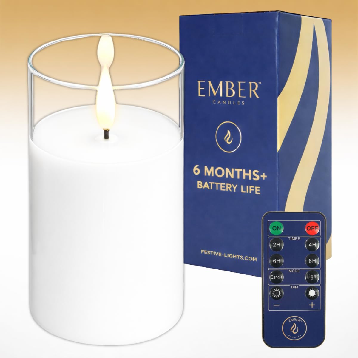 Ember Candles™ 15cm Hurricane Clear Glass White LED Flickering Battery Candle – 100% Real Wax, Ultra-Realistic, Flameless, Hand-Poured Design, 6-Hour Timer for Indoor Use (with Remote Control)