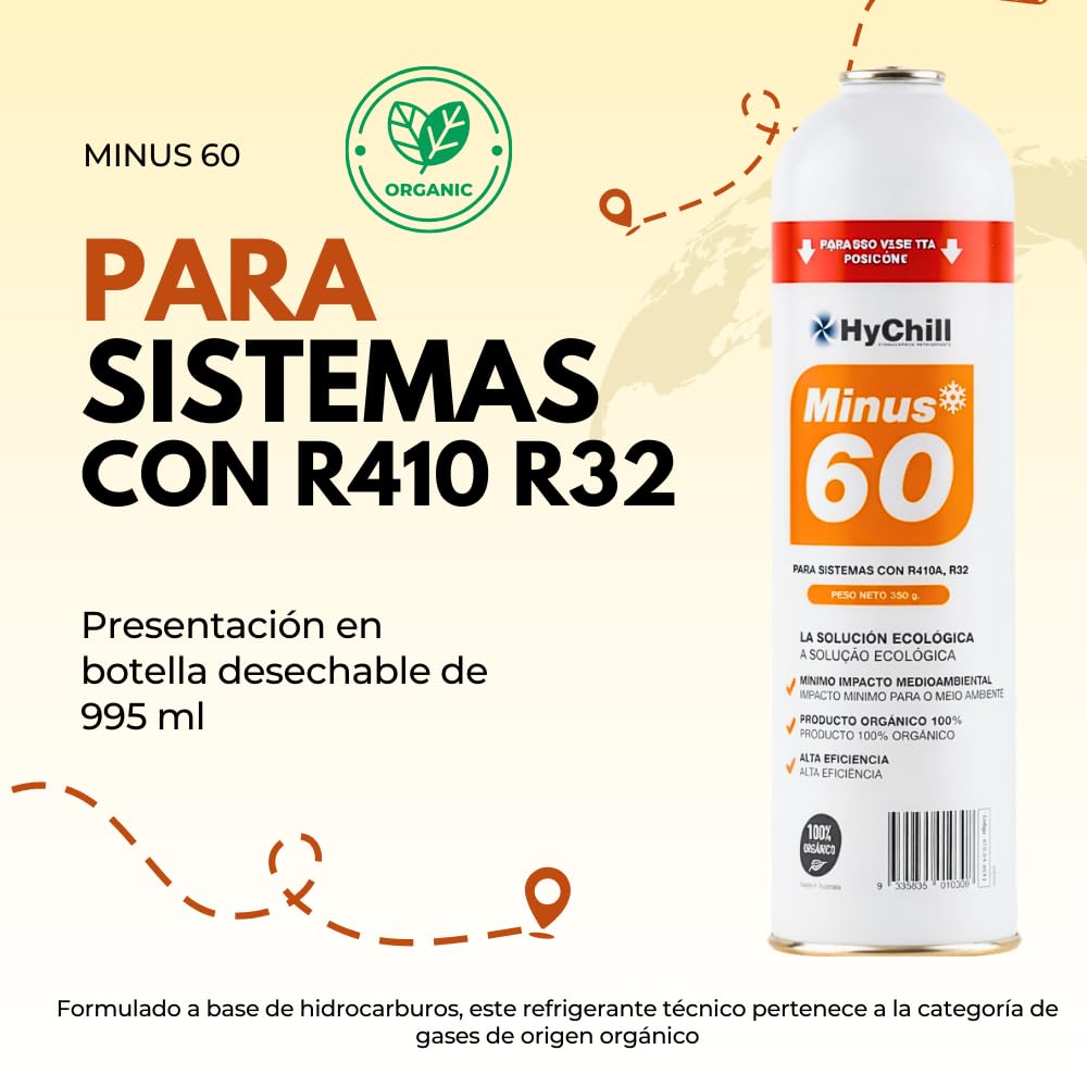 HyChill Minus 60 Refrigerante Técnico Orgánico - Envase Desechable 995 ml - 350gr Carga Neta - Uso Profesional - para Aplicaciones de climatización y refrigeración (3 ENVASES)