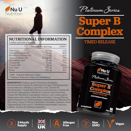Super Vitamin B Complex - High Absorption Methylated B Vitamins with VIT C - 90 Timed Release Vegan Tablets - 3 Month Supply - B1, B2, B3, B5, B6, B8, B9 & B12 - Made in The UK - Nu U Nutrition - Image 3