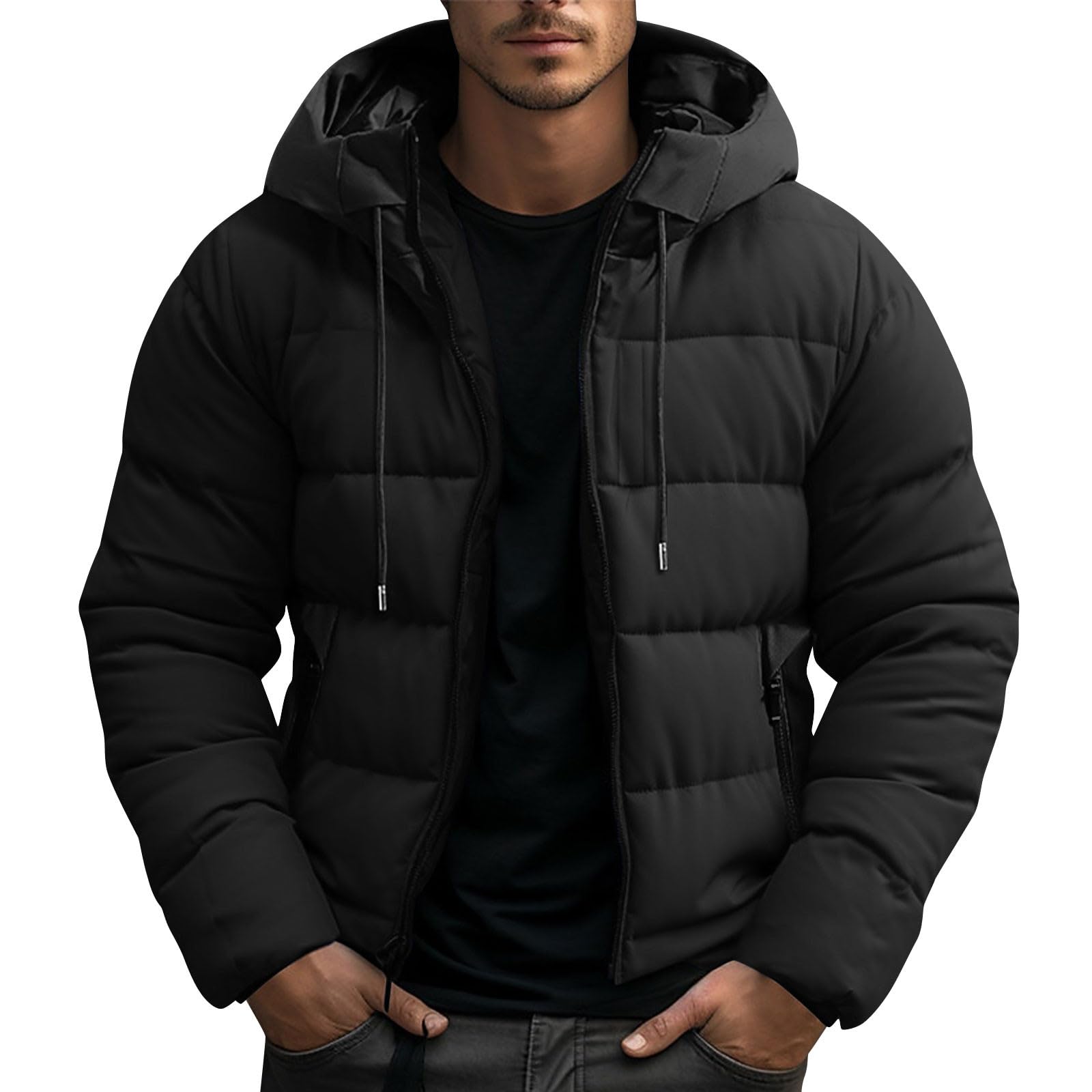 Mens Puffer Jacket with Hood Warm Winter Coat for Men, Quilted Insulated Snow Jacket Windproof Lightweight Outerwear