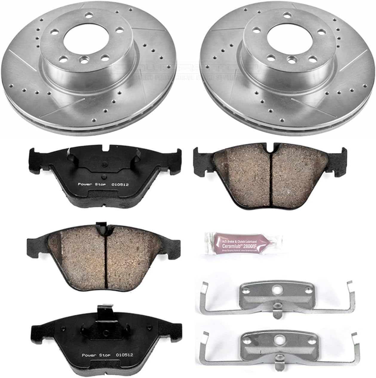 Power Stop K4677 Front Z23 Carbon Fiber Brake Pads with Drilled & Slotted Brake Rotors Kit and 1 Front Sensor Wire