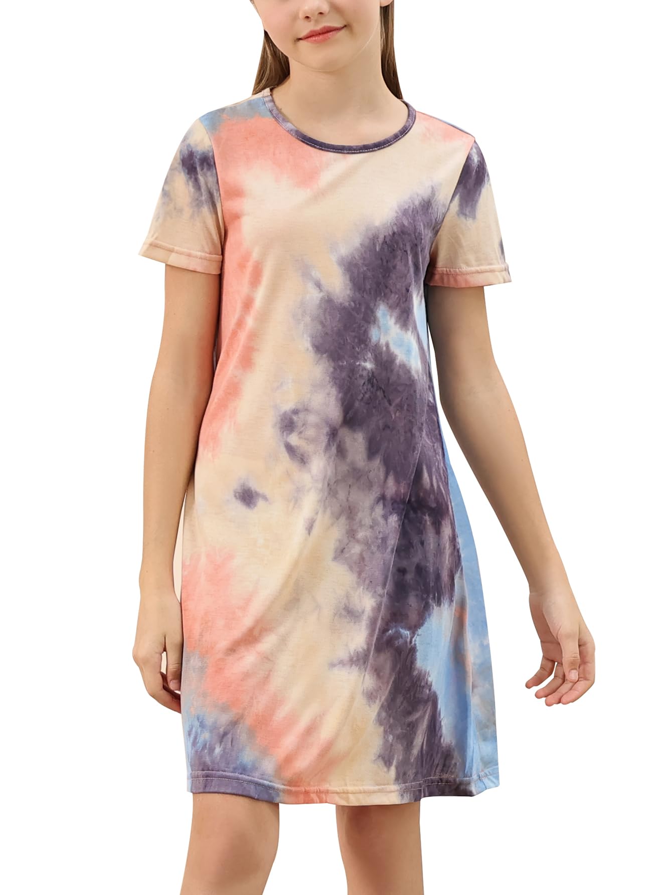 GORLYA Girls Short Sleeve A-Line Loose Casual Shift Swing Summer T-Shirt Dress with Pockets 6-16Y