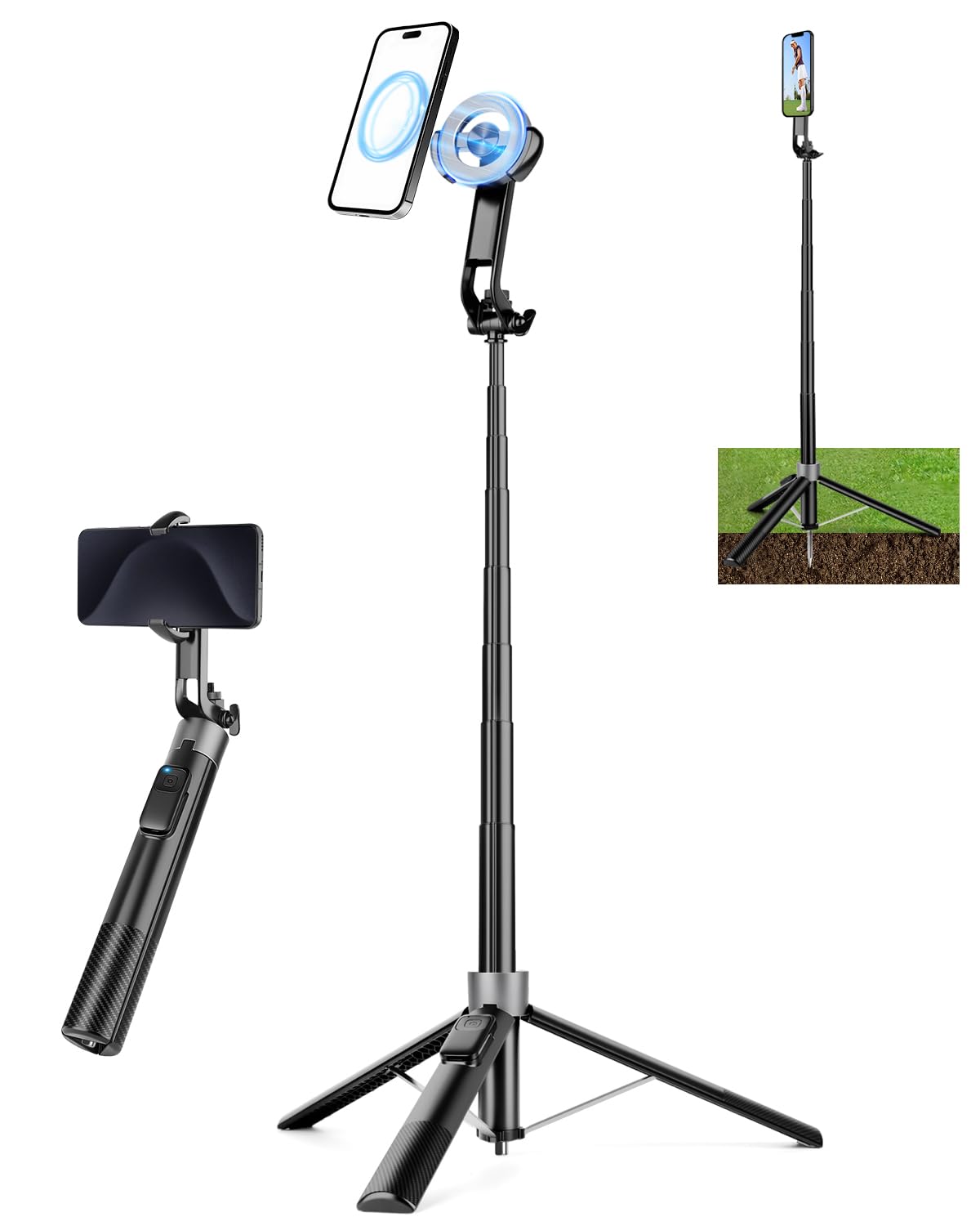 Victiv 178cm Magnetico Treppiede Smartphone, All-in-One Bastone Selfie Cavalletto per Smartphone, Portatile Treppiede da Golf con Picchetti Metallici, Tre Piedi per iPhone Telefono da Viaggio
