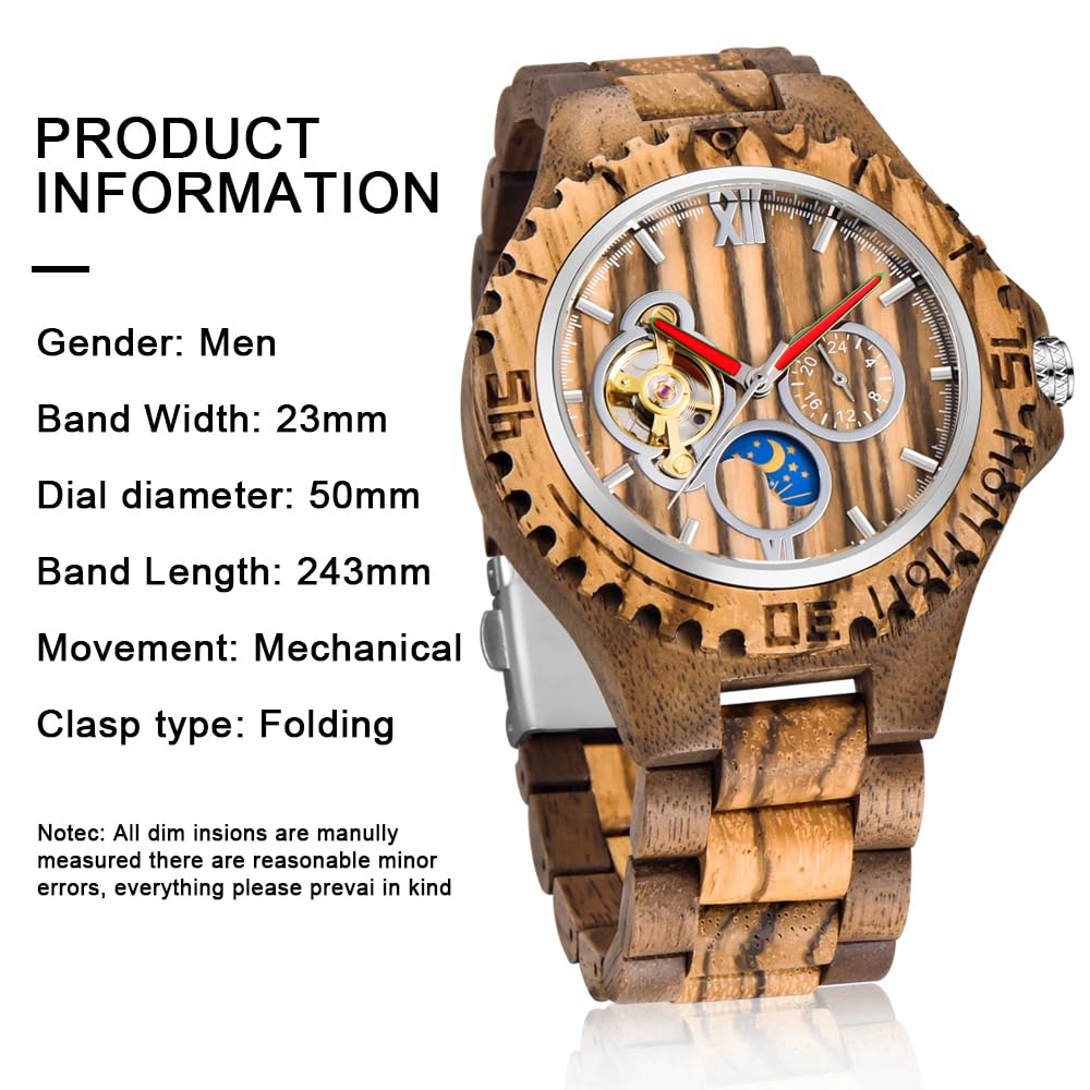 Tiong Orologio da uomo in legno, meccanico, scheletro, movimento automatico, Mwd-03moon, Retrò | Orologio da uomo retrò leggero con scatola regalo in legno, classico orologio in legno come regalo per uomini