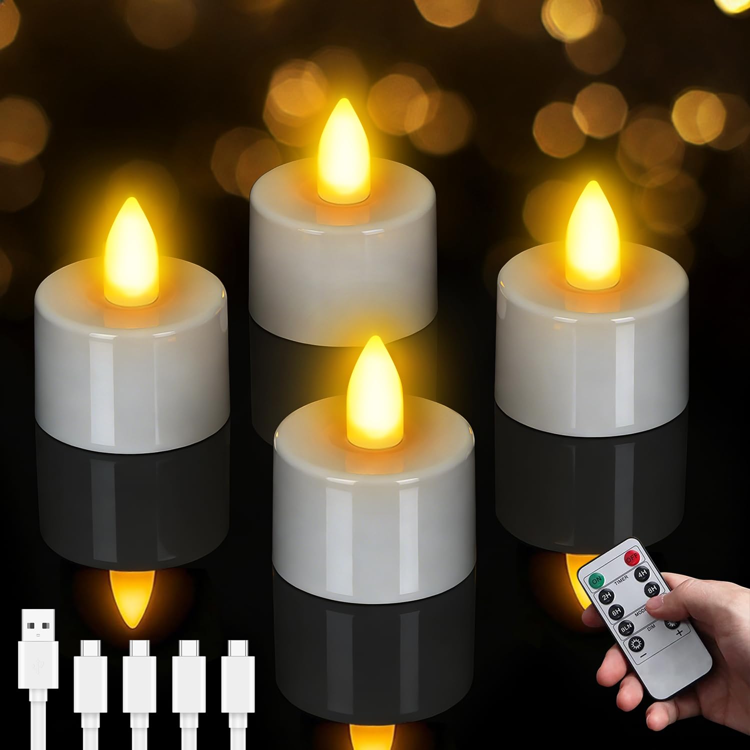 Lepwings 4 Stück LED Teelichter Wiederaufladbar mit Timer & Fernbedienung, Flackernde Elektrische Teelichter mit Ladestation, 18–48 Std Leuchtdauer, LED Kerzen für Valentinstag, Tischdeko & Party