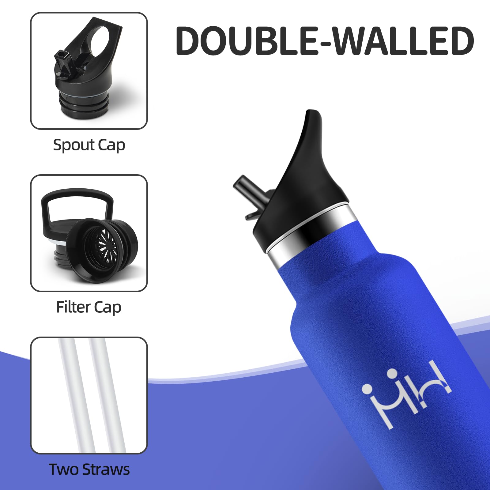 Borraccia Termica, 1000 ml Senza BPA, Borracce Termiche, 18/8 Acciaio Inossidabile, Borraccia Acciaio Inox, Bottiglia Acqua Con Cannuccia e 2 Coperchi, Borracce per Campeggio, Ufficio - Blu reale