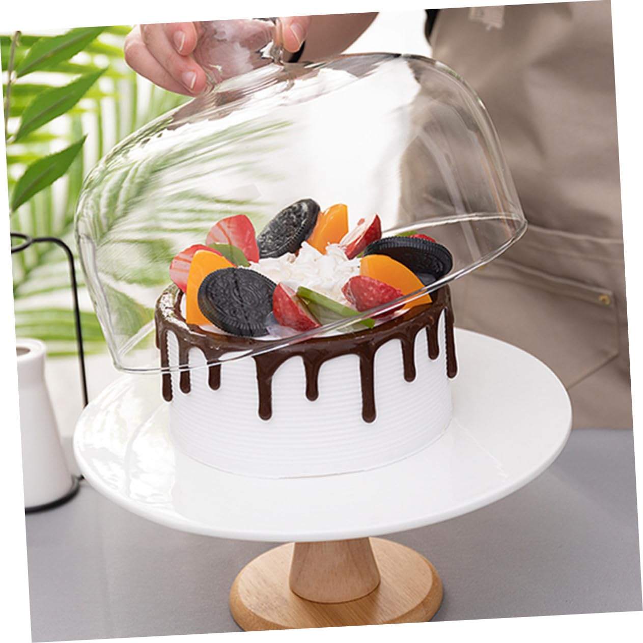 Toyvian Kuchenständer mit Glasdeckel Leicht und Praktisch Keramik und Holzmaterial für Desserts und Weinverkostungen Kuchenteller Abdeckset