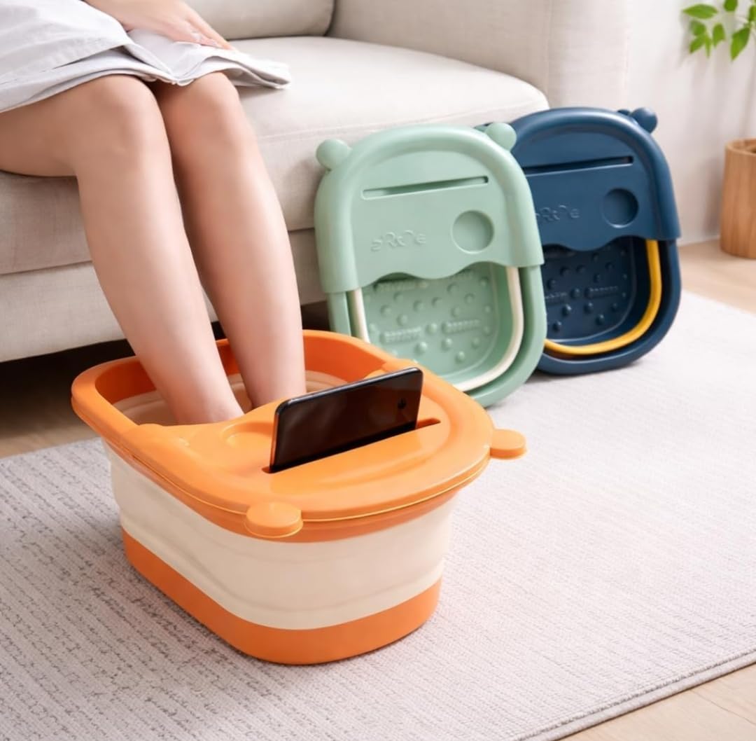 Generic Collapsible Foot Soaking Tub with Acupressure Massage Points Foldable Pedicure Foot Bath Basin Portable Plastic Feet Soak Bucket Multipurpose Laundry Basket (1 pcs, Orange)-image-9