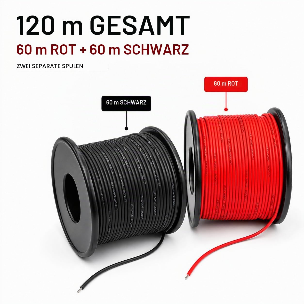 TUOFENG 22 AWG Elektrokabel [61 Meter schwarzer Draht und 61 Meter roter Draht] Flexibler Silikondraht 22 Gauge Litzendraht Kabelspule aus verzinntem Kupferdraht