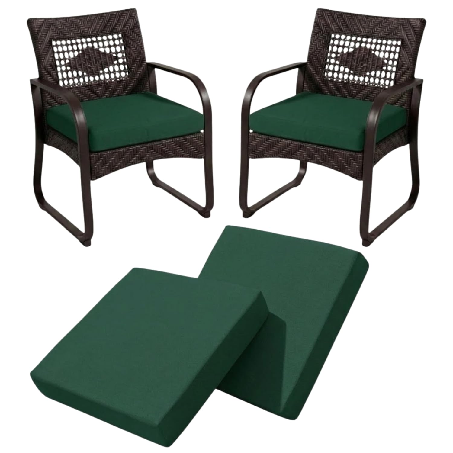 2 Pieces Waterproof Garden Chair Seat Pads Thick Rattan Outdoor Seat Cushions Removable Zipped Cover, Patio Dining Chair Pads for Indoor & Outdoor Furniture Seat Pad (Green, 43cm x 47cm x 5cm)