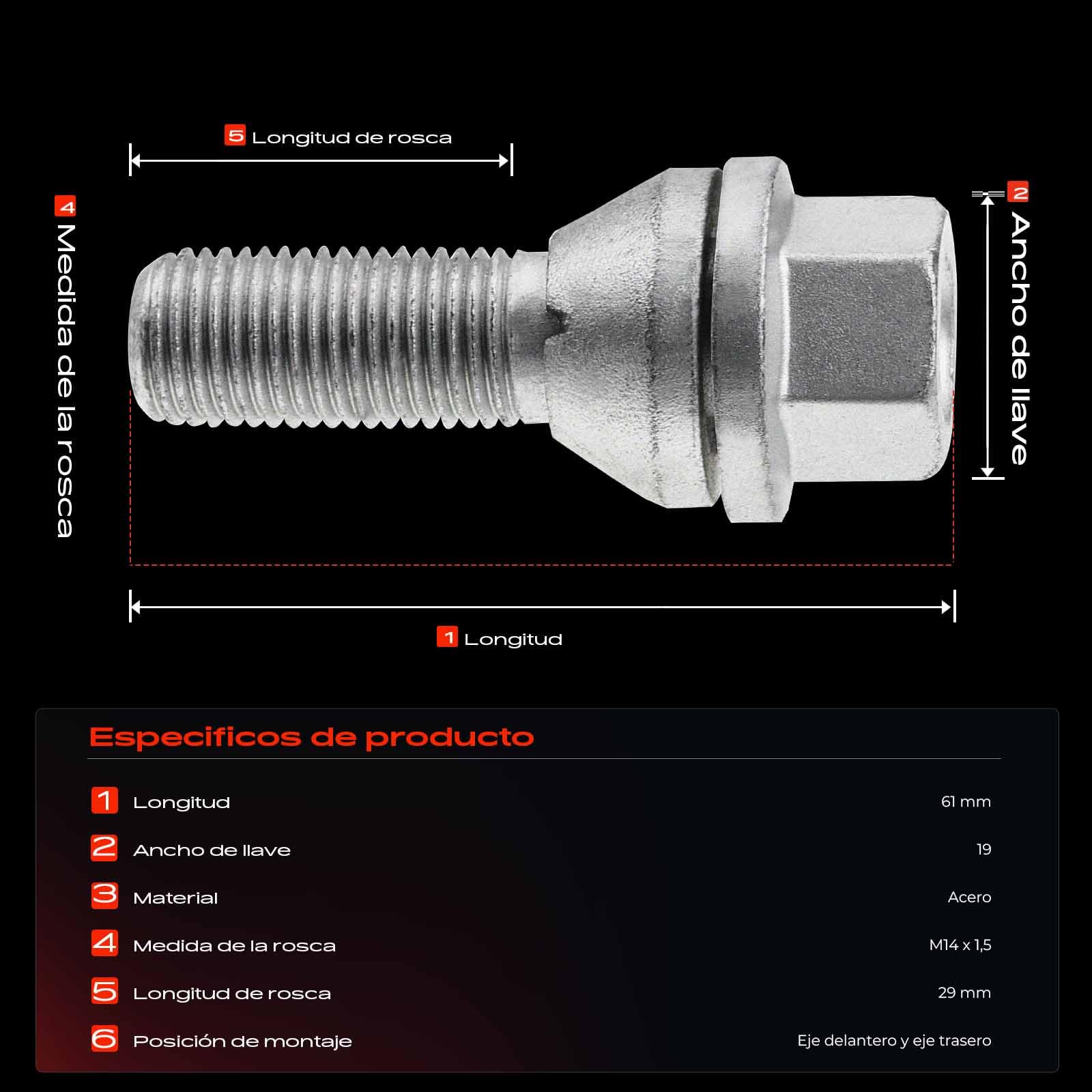 Frankberg 20x Perno de rueda Tornillo de rueda Compatible con S60 I 384 II 134 S80 I 184 TS XY S80 II 124 V60 I 155 157 225 227 1998-Hoy 31423735