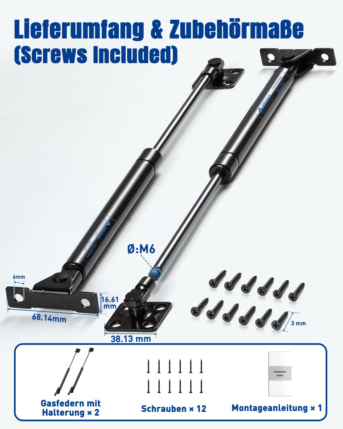 ARANA Pistolet gazowy 500 mm 600N | 2 szt. podnośnik hydrauliczny do food trucka, szafki kuchennej, bagażnika ogrodowego, kosza na śmieci i dużych obciążeń (500 mm, 600 N)