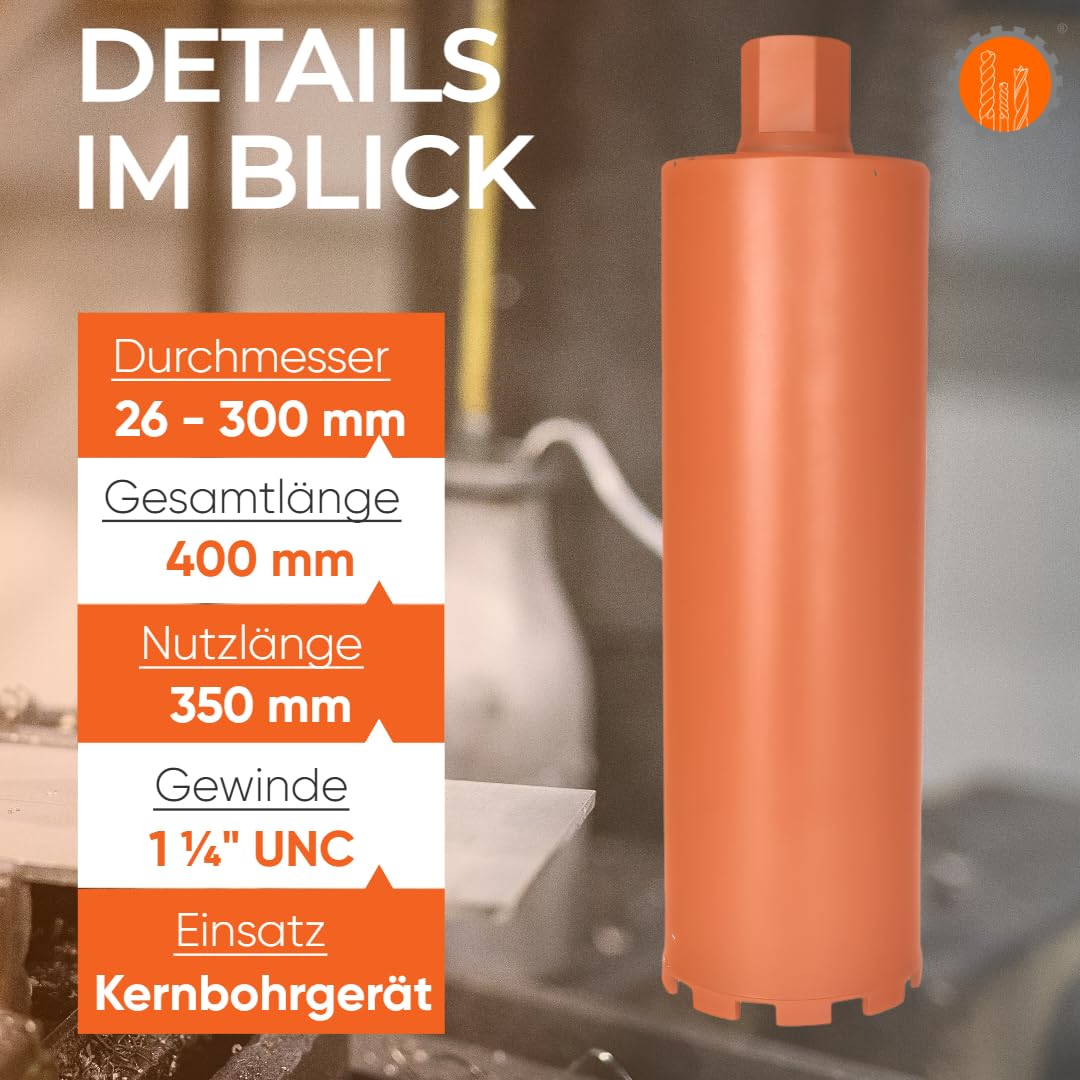 Weischer® - Diamantbohrkrone Kernbohrkrone Ø 162 mm | 400 mm Gesamtlänge | 1 ¼ Zoll Aufnahme | Bohrkrone Kernbohrer Diamantbohrer für Beton, Mauerwerk, Stein, Ziegel | langlebig & präzise