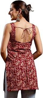 SAICHA Women Cotton Sleeveless Square Neck Paisley Print Kurti, Maroon, Hip Length, Casual and Office Wear Price In India