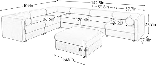 Miniatura 2 de Sofás seccionales grandes para sala de estar, sofá esquinero con sofá modular de felpilla de almacenamiento, respaldo cilíndrico y reposabrazos, 6