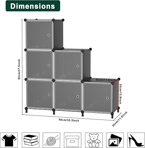 Miniatura 3 de ATTSL6001 - Organizador de almacenamiento de 6 cubos con puertas, organizador de ropa de plástico apilable para dormitorio y debajo de escaleras,