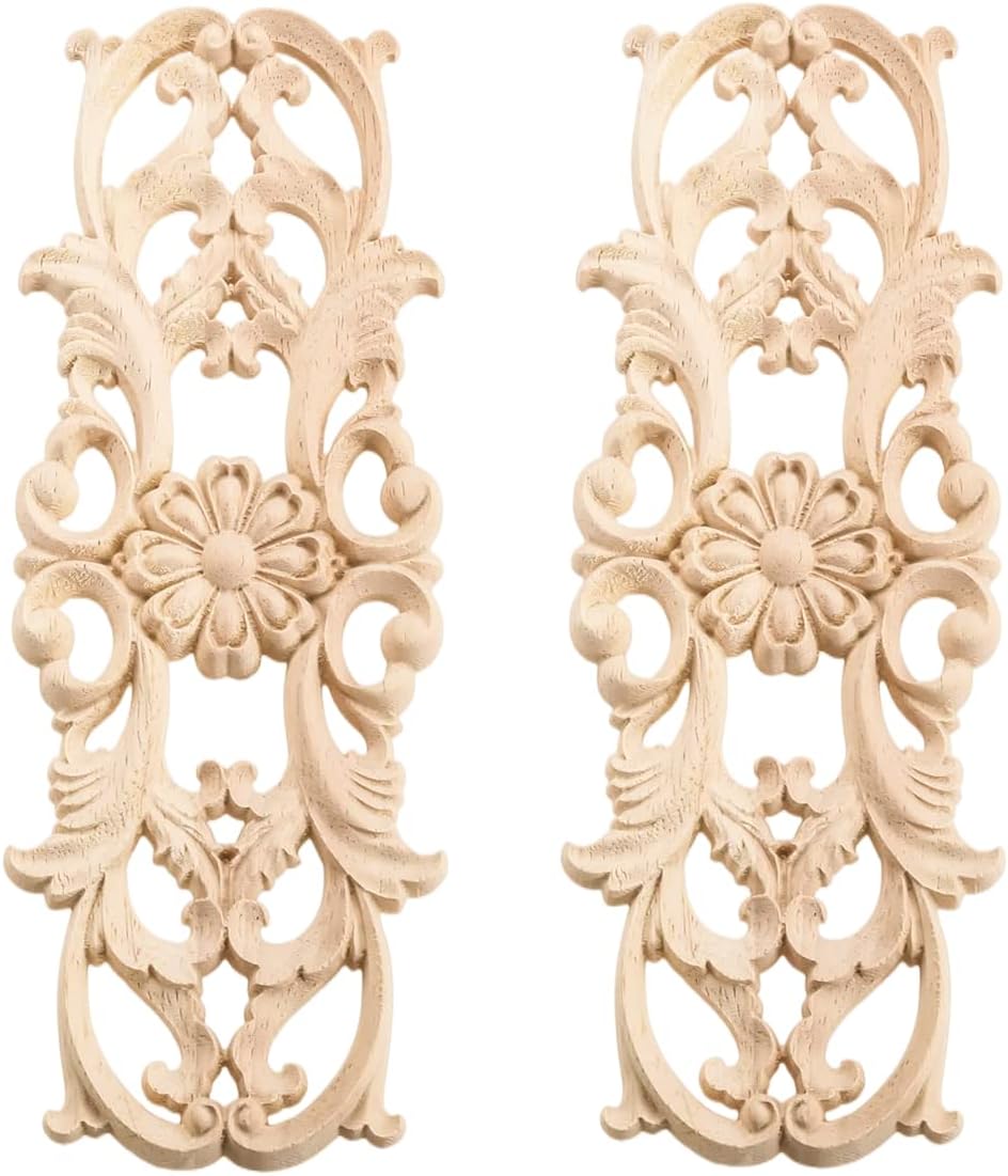 Wood Appliques Onlays, Long Wooden Carvings Decals Overlays for Wall Mantels Dresser Cabinet Closet Door Furniture Decoration(2-Pack, 22x8cm/8.7"x3.2")