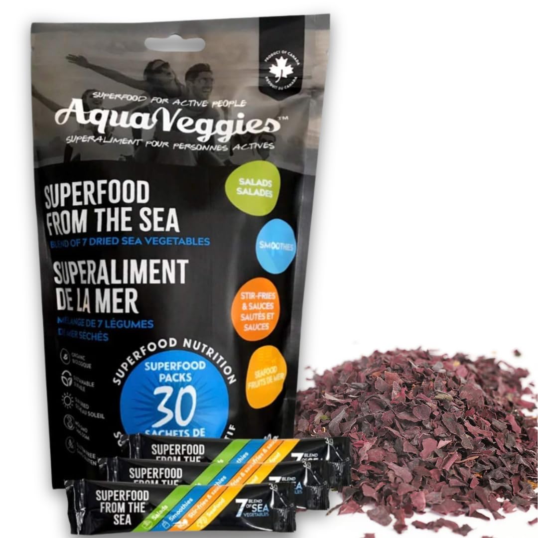 Aqua Veggies Organic Atlantic Dulse Superfood Seaweed – Hand-Harvested, Sun-Dried Superfood from Bay of Fundy – Rich in Iodine, B12 & Iron – 30 Individual Packs (90g, Vegan, Non-GMO, Gluten-Free)
