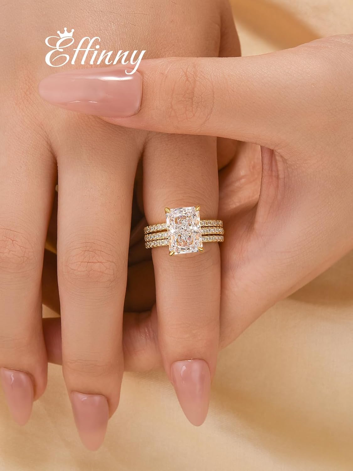 4.0ct Radiant Cut Engagement Ring Set,Rectangle Crushed Ice D Color 14K Gold Plated 925 Sterling Silver Bridal Ring Set with Half Eternity Wedding Band
