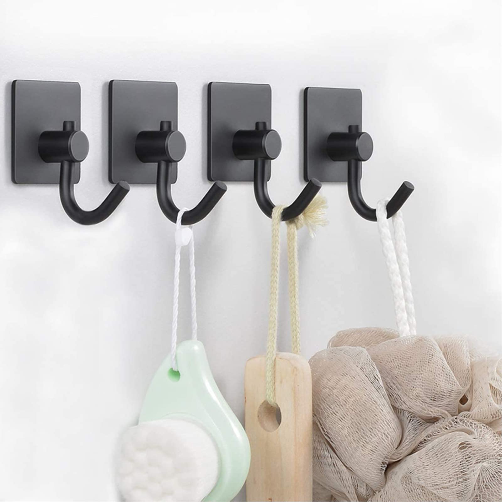 ikeoatWall Adhesive Hooks, ikeoat Stainless Steel Bathroom Hooks for Hanging Loofah, Coat, Hat, Key, Clothes, Heavy Duty Towel Hooks, No Drill Coat Hooks for Bathroom, Kitchen, Office, 4 Pcs, Black