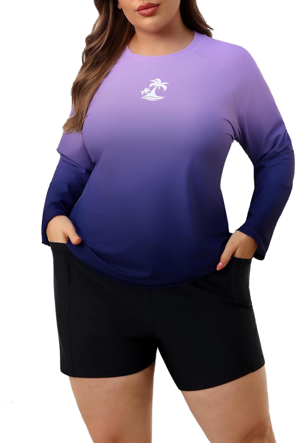 Women Plus Size Long Sleeve Rash Guard Built in Bra Swim Shirt and Shorts with Pockets UPF50+ Two Piece Swimsuit