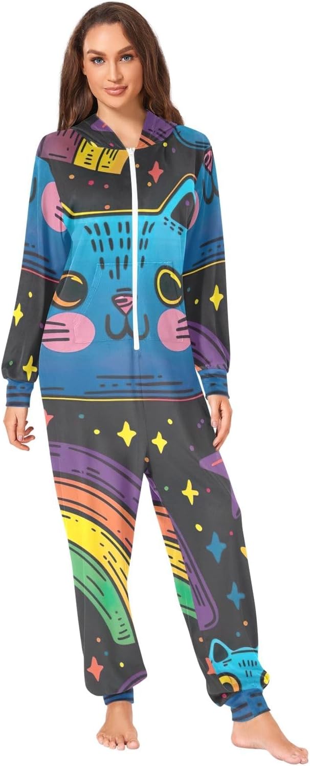 Cute Cats Stars Adult Onesie Pajamas, Hooded Zip Up One Piece Jumpsuit Sleepwear for Men Women Christmas Loungewear