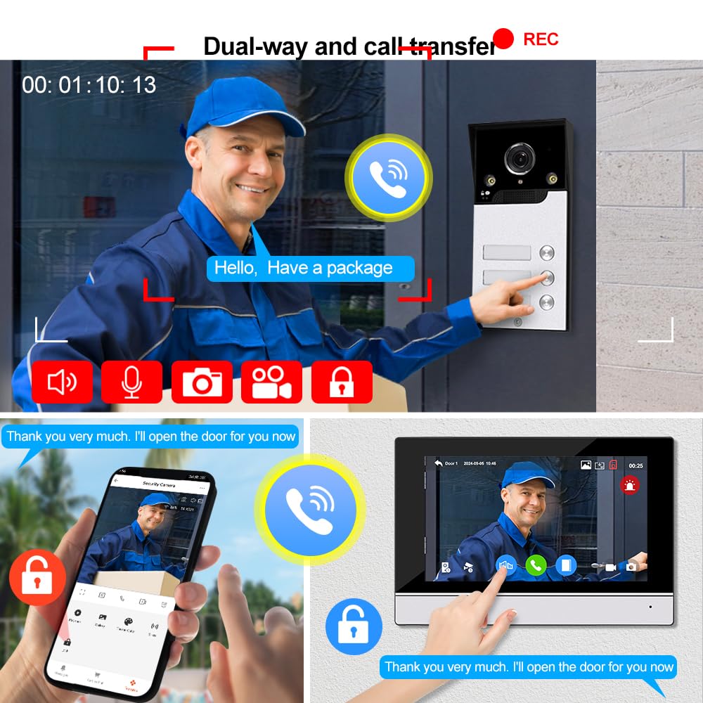 Videoportero WiFi con Cable | 7” Pantalla & App Tuya | Intercomunicador IP65, 1080P, Visión Nocturna, Detección de Movimiento y Grabación(3 Familias)