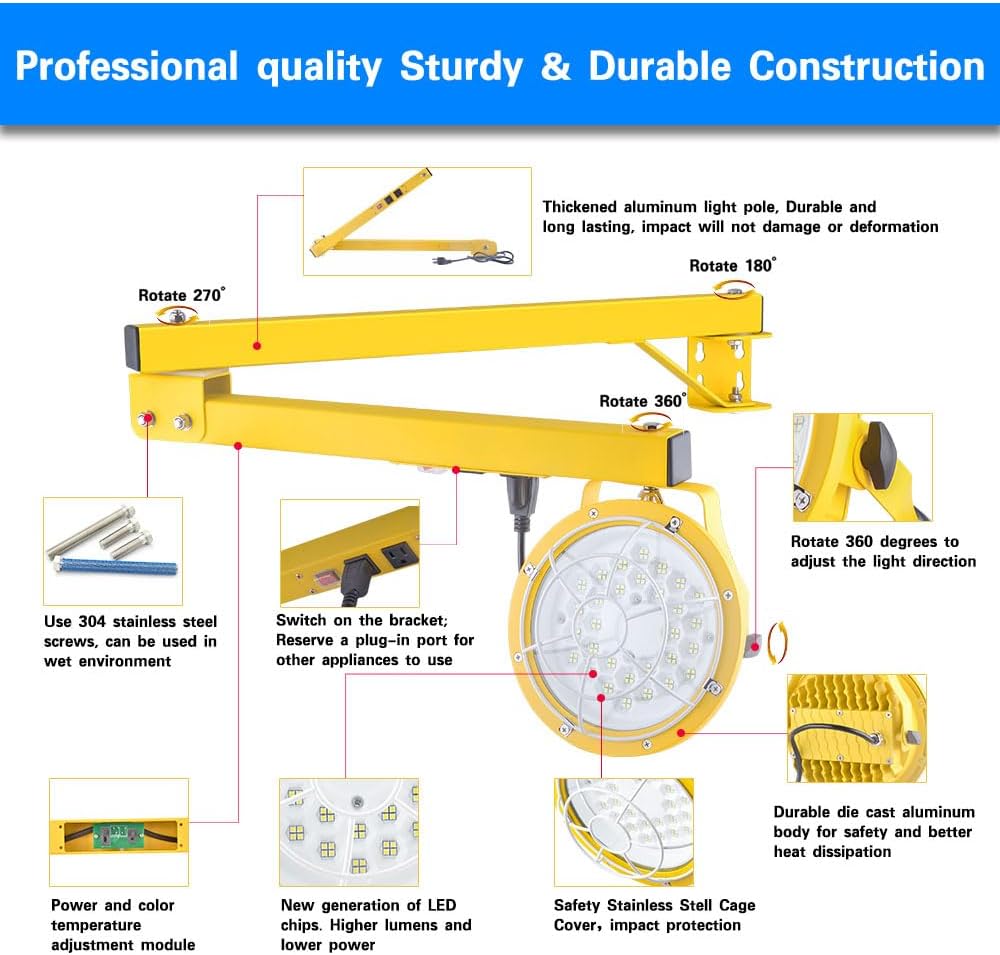 30/50W LED Loading Dock Light with 43" Folding Arm, 3000K 4000K 5000K Adjustable 6,500 Lumens, 360° Rotatable Lamp Head, IP65 Heavy Duty Wall Mounting Workbench Lights, CTL ETL Listed, 100-277VAC