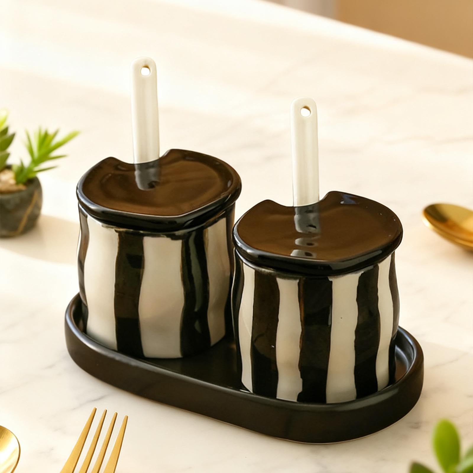 Tarro para Condimentos, Cajas para Condimentos, Tarros con Tapa Y Cuchara, Caja de Condimentos para Regalo, Negro, Individual