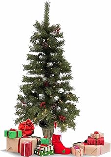 4ft Pre-lit Christmas Tree Artificial Xmas Tree with LED Lights & Retro Base X-mas Traditional Decoration for Home Doorway and Pathway 120cm