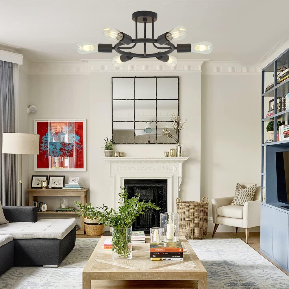 BONLICHT 6 Lights Sputnik Chandelier Light Fixtures Modern Chandelier Lighting Black Semi Flush Mount Ceiling Light Industrial Starburst Style Ceiling Lamp for Kitchen Dining Room Foyer Hallway Black-6c 6 Light