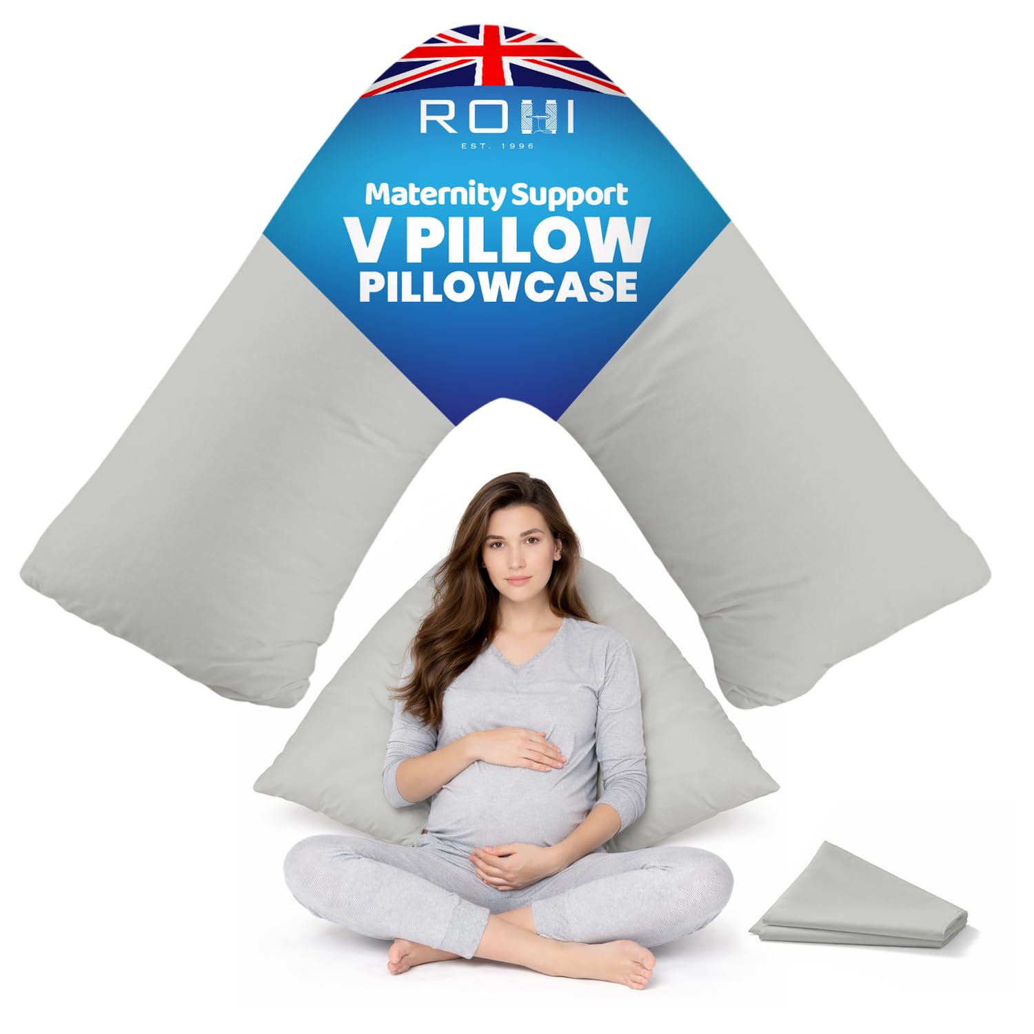 Rohi Silver Orthopaedic V Pillowcase Only – 100% Microfibre Anti Allergy Triangle Pillowcases For Nursing, Maternity & Pregnancy V Pillows – Super Soft & Breathable V Case Only (Silver)