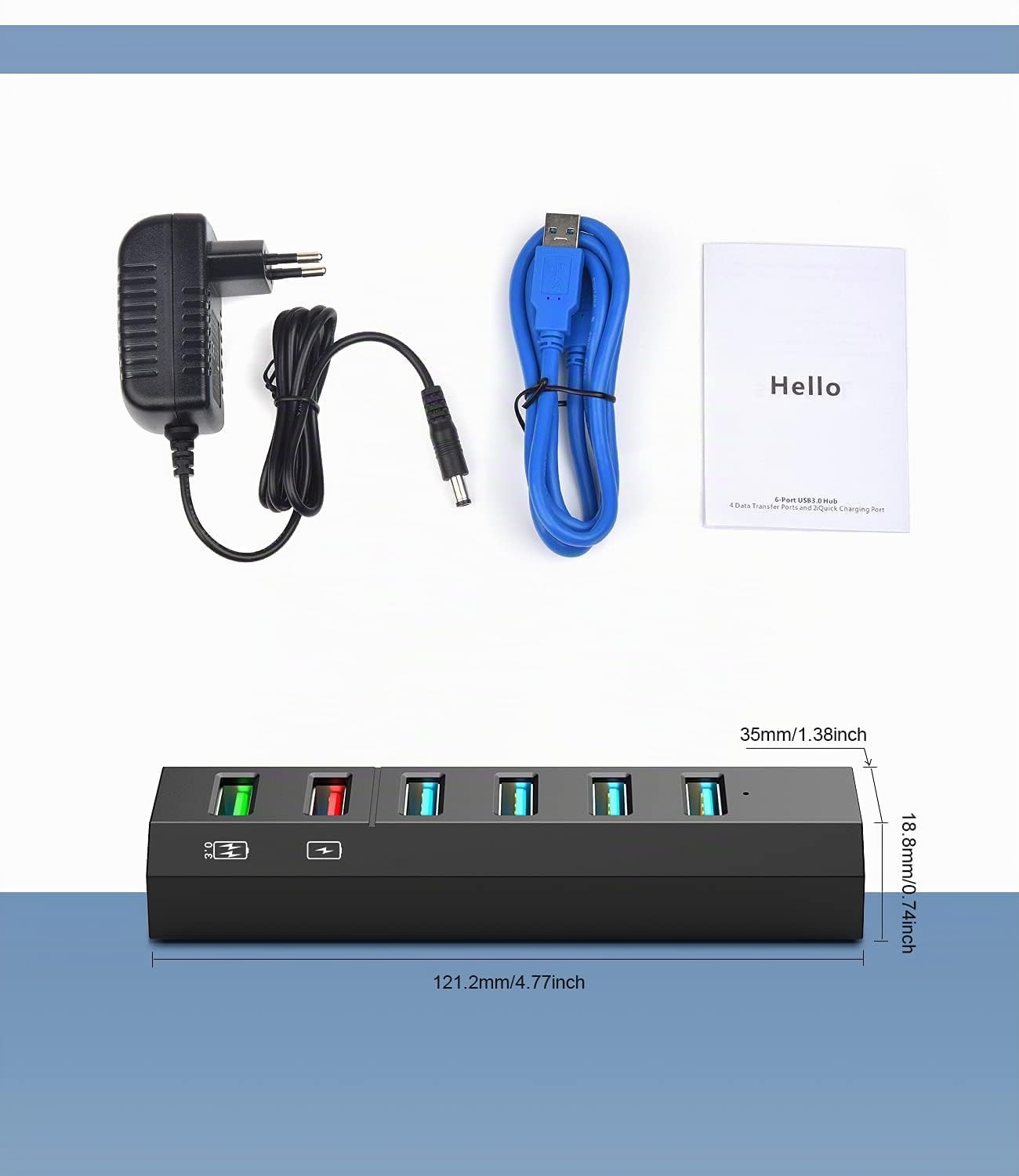 Vansuny Hub USB 3.0 Alimentado 6 en 1 Concentrador USB Multipuerto con Alimentación Externa Alta Velocidad 5Gbps Compatible con PC/MacBook/Disco Duro/Teclado/Ratón y Más