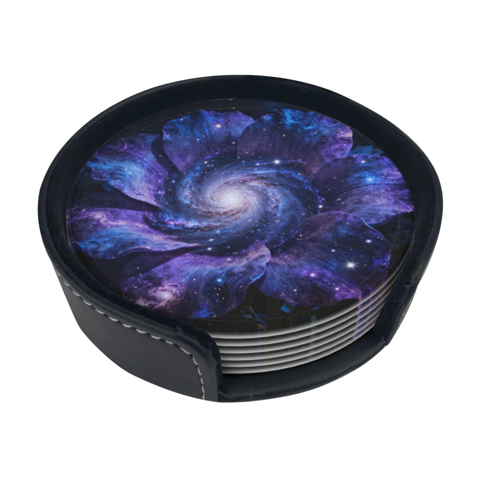 Flower of the Universe Leather Coasters-Set of 6 with Storage Holder