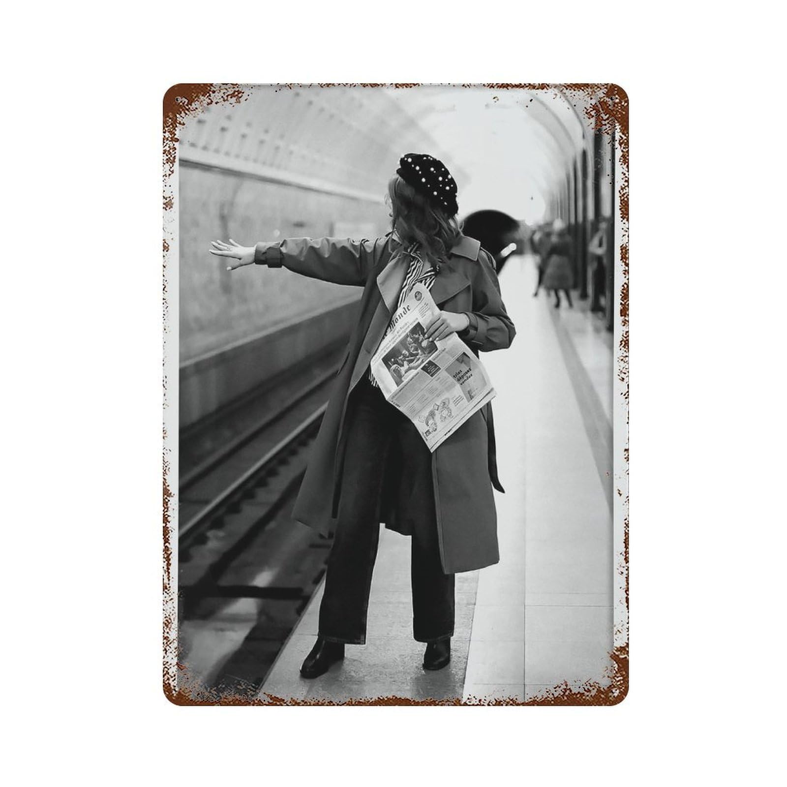 xiaoxiaoshen Paris Photography Woman Reading Newspaper, Black And White Wall Decor Art Metal Tin Poster Modern Home Decor Art Home Bar Shop Decorations Vintage Sign 40x30cm