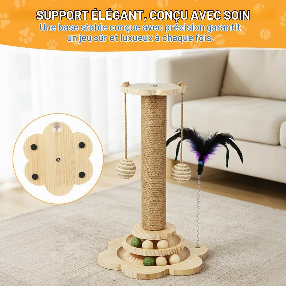 Vicloon Poteau Griffoir, 40cm Colonne à Griffer, Poteau Griffoir en Sisal 4 en 1, Griffoir pour Chat avec Boules en Bois, Boules en Sisal Suspendues, Plumes, pour Chat Facile à Assembler