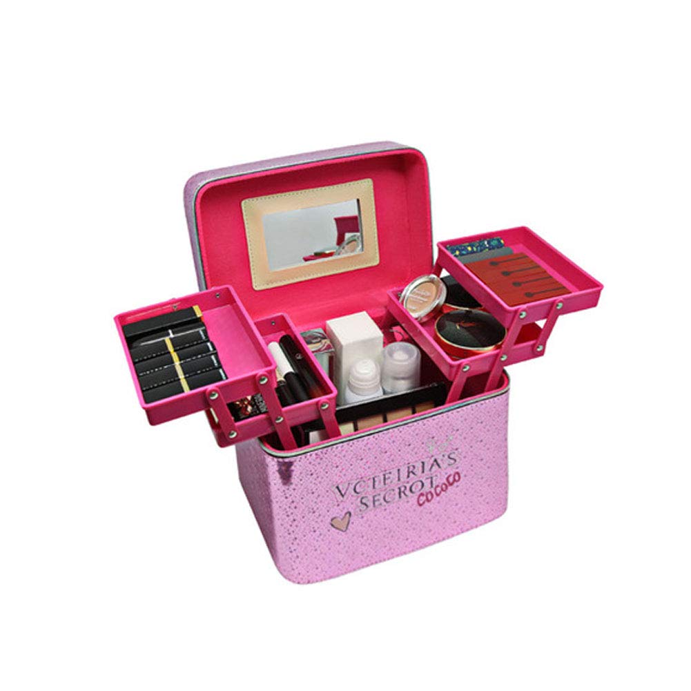 Cute Cosmetic Bag Female Large Capacity New Portable Multi-Function Multi-Layer Cosmetic Case Storage Box (Pink)