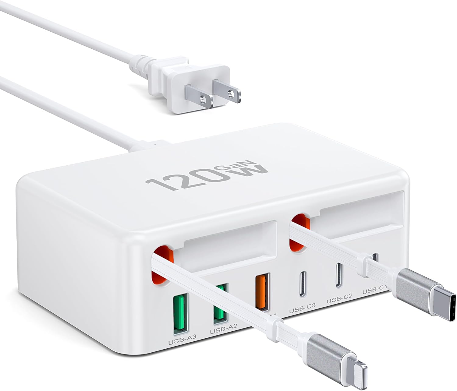 2026 Latest USB C Charger Block, 8 in 1 GaN Retractable Charger Station Hub with Lightening & Type C Cable, 120W Travel Essential Multi USB C Power Strip Plug for iPhone 17 16 15 Pro Max iPad Galaxy