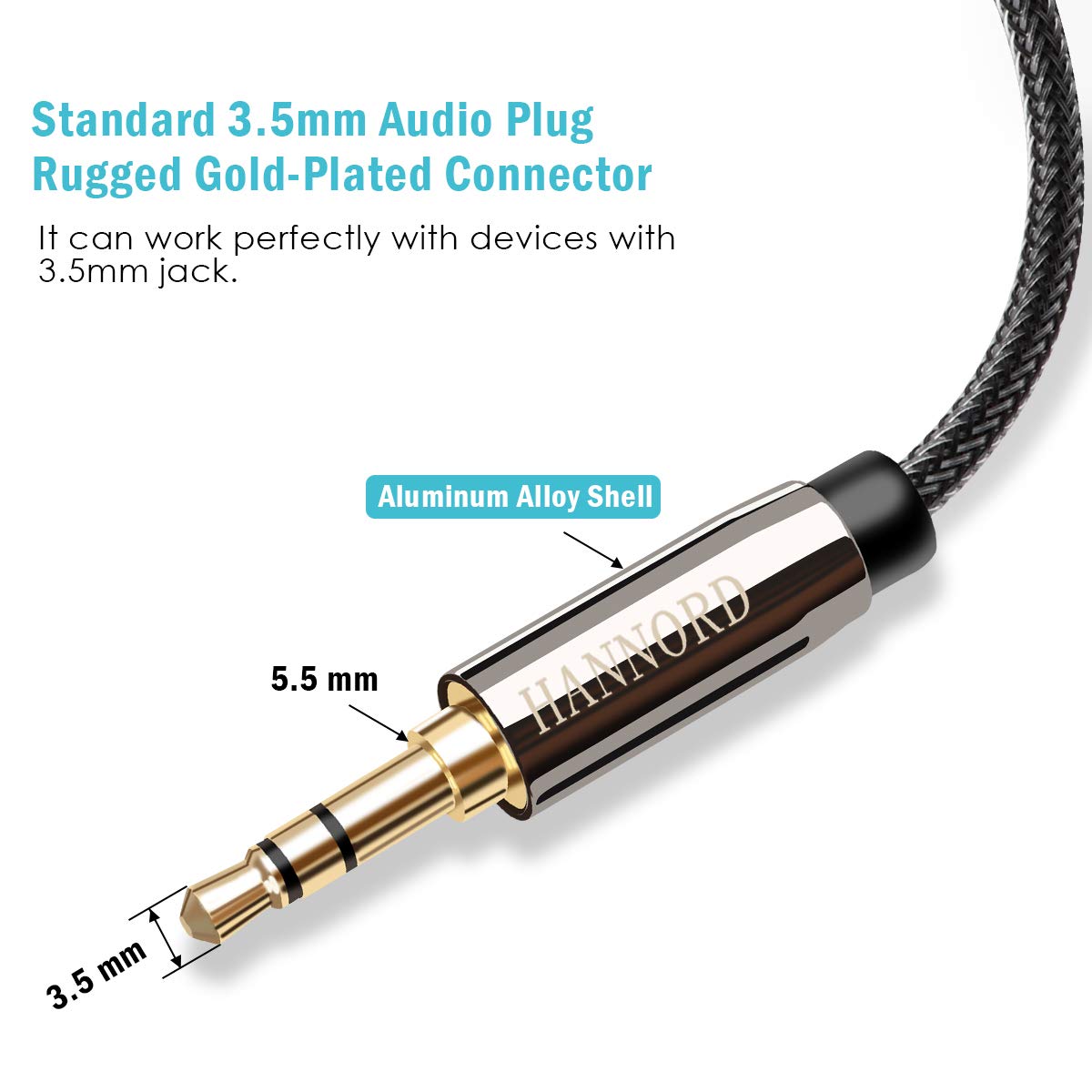 AUX-Kabel, Hannord 3,5-mm-Nylon-geflochtenes Stereo-AUX-Kabel Hi-Fi-Sound mit Stecker-Stecker AUX-Kabel AUX-Zusatzkabel für Auto, Kopfhörer, Lautsprecher, Stereoanlage, iPhone, Echo (2 m)