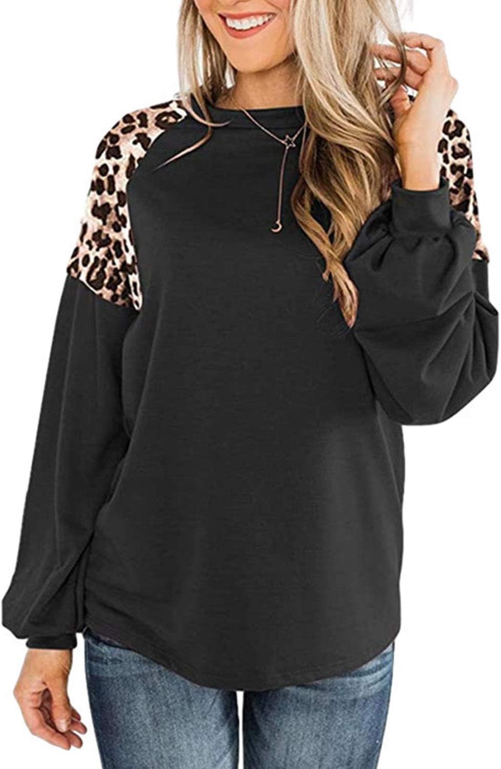 Womens Leopard Print Long Sleeve Shirts Fall Casual Crewneck Color Block Tops Sweatshirts - Image 2