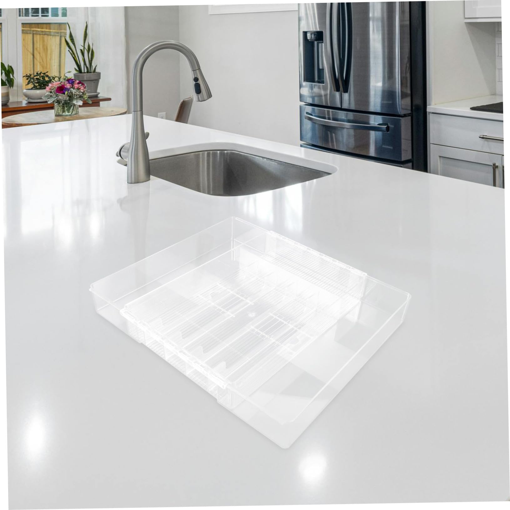 Healeved Erweiterbarer Besteckschubladen Organizer aus Bruchfestem Acryl Mittlere Transparente Küchen und Büroaufbewahrung mit Mehreren Fächern Schubladeneinsatz für Besteck und Utensilien
