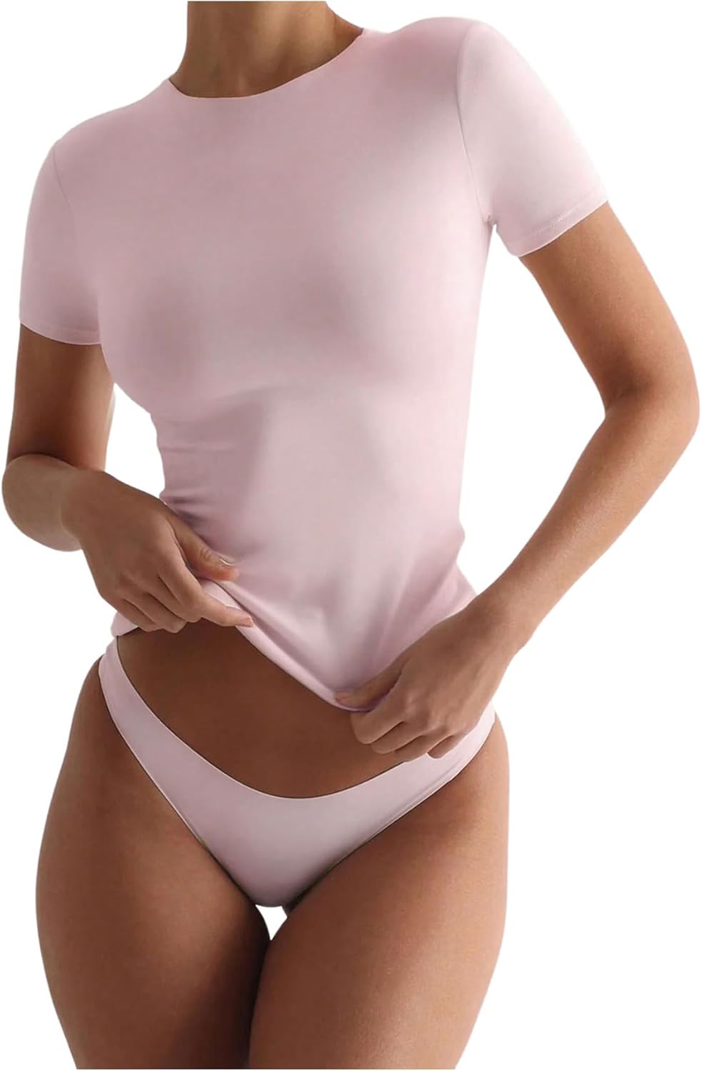 SOLY HUX Women's Crew Neck Short Sleeve Basic T-Shirts Summer Tight Fitted Tee Crop Tops Small Solid Pink