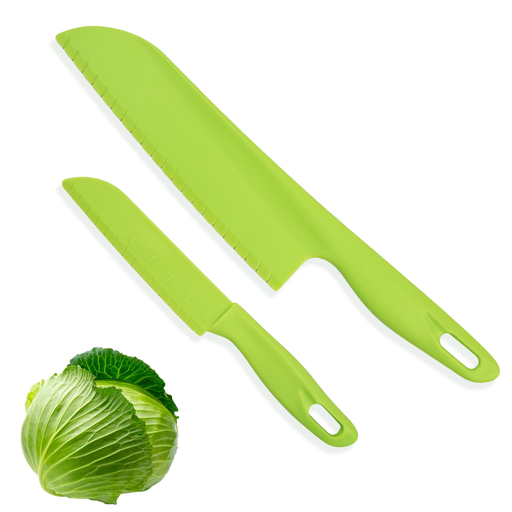 Aogigigio 2pcs Lettuce Knife - 11.6inch&8.7inch Plastic Knives, Nylon Plastic Knife for Veggies, Fruit, Bread, Cake, Salad,Won't Cut Your Hands,Green