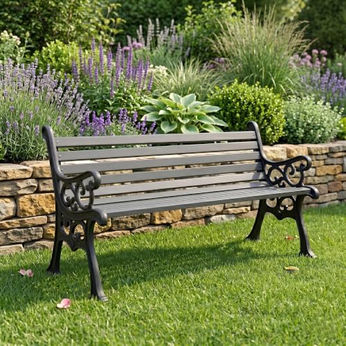 Image of BRISHI 3 Seater cast Iron Garden Bench for Indoor & Outdoor Park /Patio /Living Room /Terrace /Balcony (White) (Black + Grey)