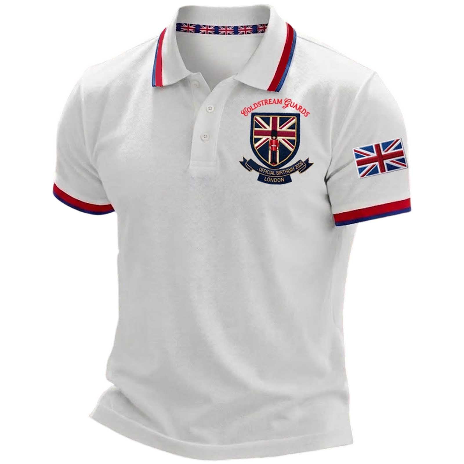 Mens England Polo Shirts Football 2026 Short Sleeve Collared Neck Great Britain Bunting Flags Print Union Jack T Shirt England Football Jersey Tops Breathable Fans Shirts (002-White, L)