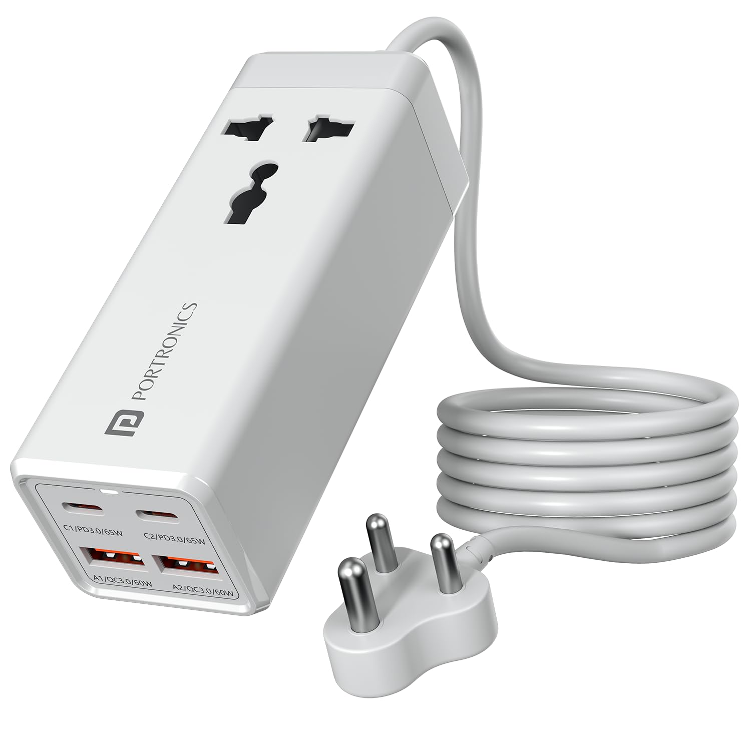 Adapto Volt 65 65W High Speed 5-in-1 Power Strip with 2 Type C PD Ports, 2 Mach USB Ports and 1 AC Power Socket, Compatible with Laptop,Smartphones, iPhones, Tablet, Power Bank(White)