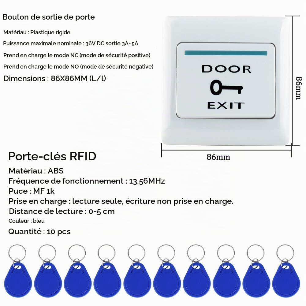 FST Kit de Système de Contrôle d'accès de Porte Ensemble d'empreintes Digitales Biométriques IP68 Clavier RFID étanche + Alimentation + Serrure électrique NC + 10pcs 13.56MHz porte-clés RFID