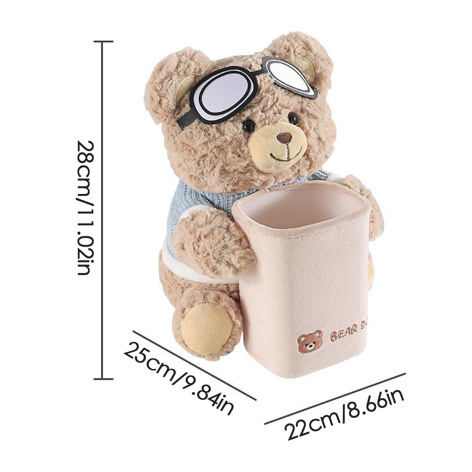 Porte-mouchoirs et poubelle en peluche mignon en forme d'ours 2 en 1 avec lunettes d'aviateur, imperméable, beige, 25 x 22 x 28 cm
